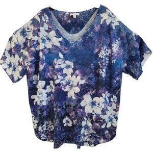 Concepts Women's XXXL Shirt Blue Floral V Neck Short Sleeve Crystal Bling EUC